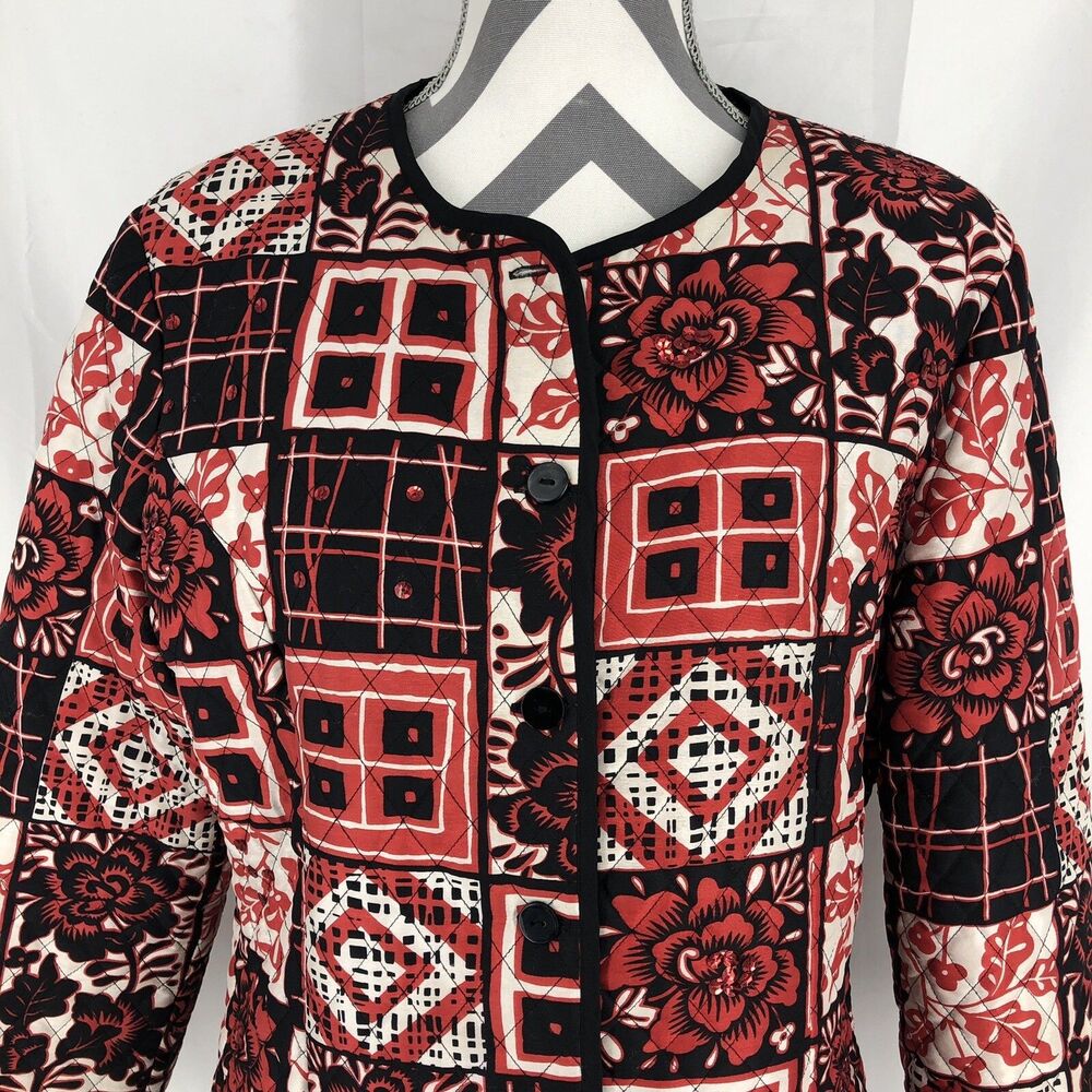 Silkland Red Patchwork Floral Sequin Button Up Quilted Jacket Large